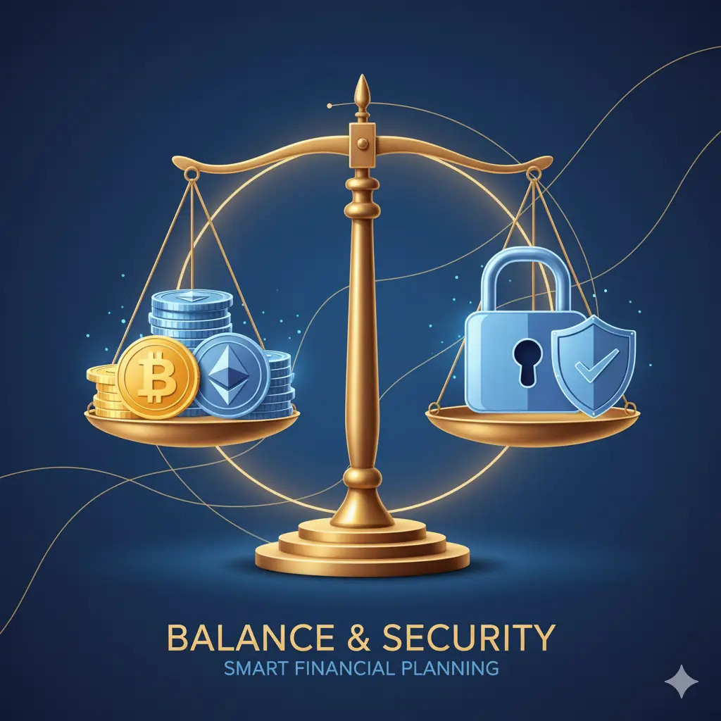 A balanced justice scale with Bitcoin and Ethereum coins on one side and security icons including a digital lock and shield on the other, representing the balance between crypto investment and risk management.